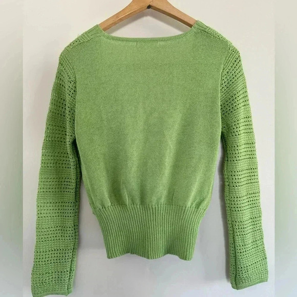 Vintage Green Knit Crochet Cropped Sweater Deep V-neck - Picture 3 of 10